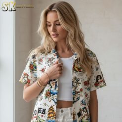 Pirate themed Hawaiian shirts size chart and specifications showing measurements and fit details