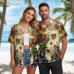 Pirates of the Caribbean Hawaiian shirt with treasure hunting pirates, rum bottles and tropical adventure scenes