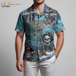 Pirates of the Caribbean inspired Hawaiian shirt with pirate ships, skulls and adventure themed graphics