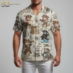 Pirates of the Caribbean Hawaiian shirt with cat buccaneers wielding swords and spyglasses