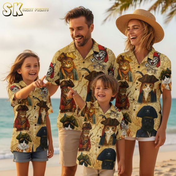 Pirates of the Caribbean style Hawaiian shirt collection showing multiple pirate cat designs and color options