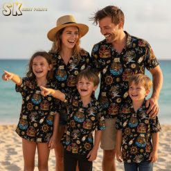 Pirates of the caribbean hawaiian shirt collection showing skull, treasure and nautical elements