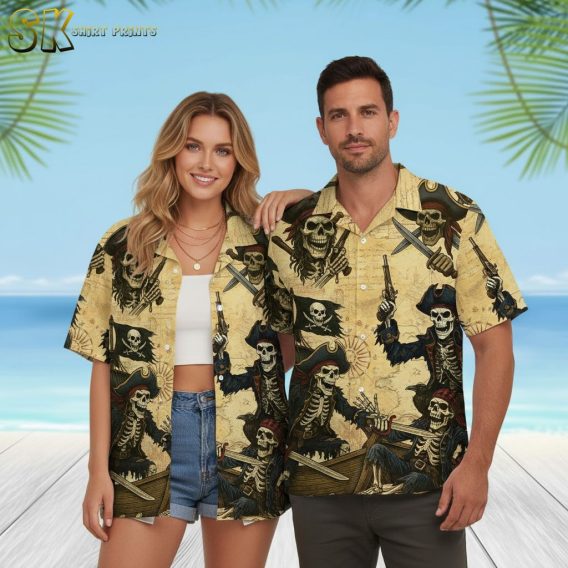 Pirates of the Caribbean Hawaiian shirt showing pirate ships, treasure maps, and skeleton crew members
