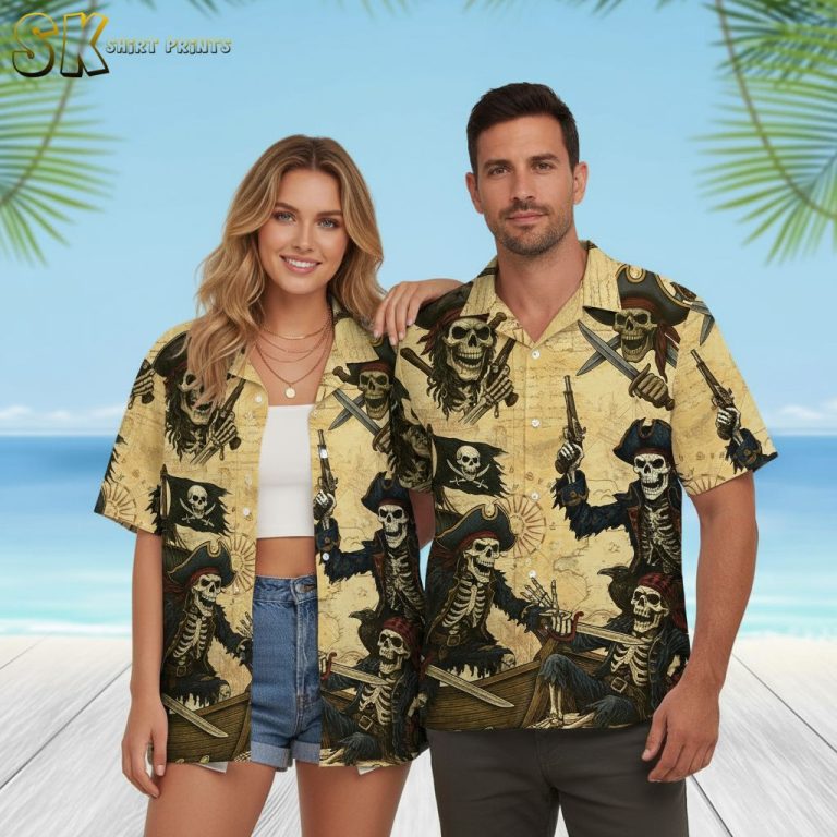 Pirate Skull Hawaiian Shirt for Men Women – Skeleton Pirates Treasure Map Button Down Short Sleeve Aloha Shirt