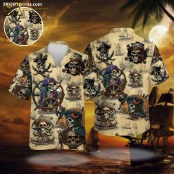 Pirates of the Caribbean Hawaiian shirt featuring skull pirates with eye patches and nautical motifs