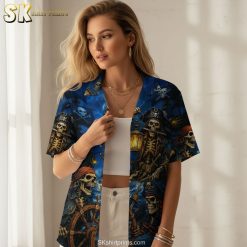 Pirates of the caribbean hawaiian shirt specifications showing skeleton crew design with pirate hats and ships