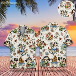 Pirates of the Caribbean Hawaiian shirt featuring vintage nautical tattoo design with mermaids, anchors, ships and roses