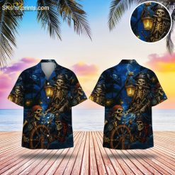 Pittsburgh pirate hawaiian shirt with skeleton pirates, steering wheels and lanterns in blue red gold colors