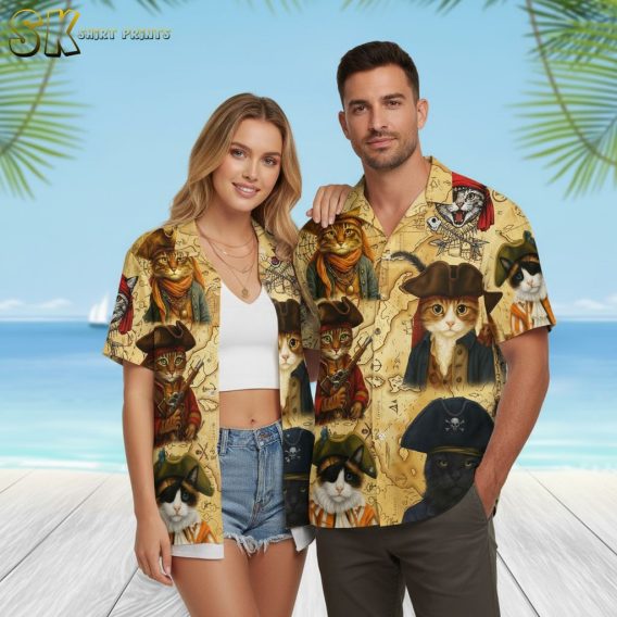 Pittsburgh pirate themed Hawaiian shirt with cats dressed as pirates on vintage treasure map background