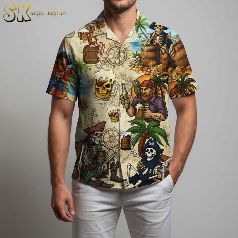 Skeleton Pirate Hawaiian Shirt For Men Women – Treasure Chest Drinking Beer Button Down Short Sleeve
