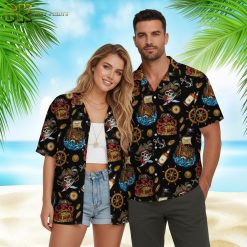 Pittsburgh pirate hawaiian shirt with ship wheel, treasure and skull motifs for baseball fans