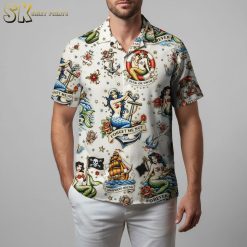 Pittsburgh Pirate Hawaiian shirt with vintage maritime tattoo print featuring anchors, ships and nautical elements