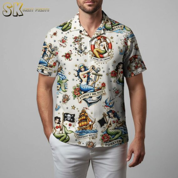 Pittsburgh Pirate Hawaiian shirt with vintage maritime tattoo print featuring anchors, ships and nautical elements