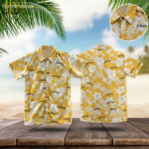 Pittsburgh Pirate Hawaiian shirt with yellow background, white hibiscus flowers and palm trees