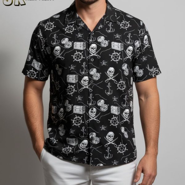 Pirate Skull Hawaiian Shirt for Men Women - Black Treasure Map Button Down Short Sleeve Aloha Shirt