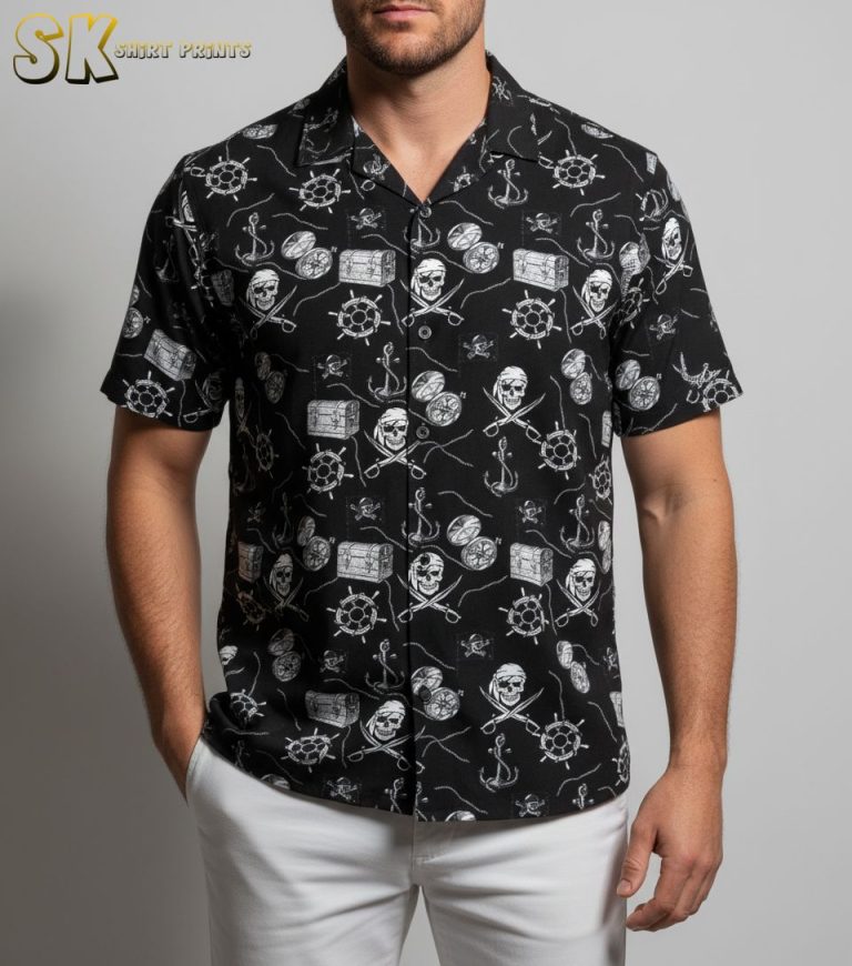 Pirate Skull Hawaiian Shirt for Men Women – Black Treasure Map Button Down Short Sleeve Aloha Shirt