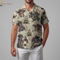 Pittsburgh Pirates Hawaiian shirt with nautical pirate elements including ships, compasses and baseball team styling