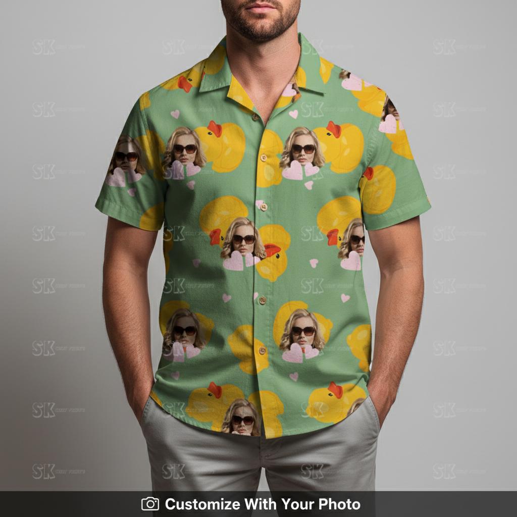 Man in plus size Hawaiian shirt featuring green print with rubber ducks and sunglasses