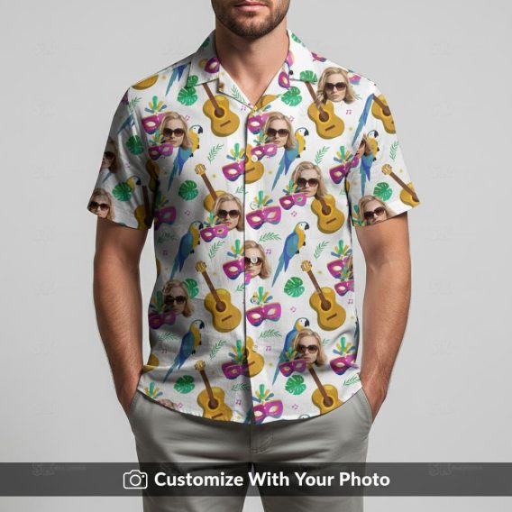 Men’s Hawaiian shirt in plus size with blue parrot and carnival leaf pattern