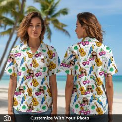 Plus size Hawaiian shirt with blue parrot, guitars, and carnival mask design