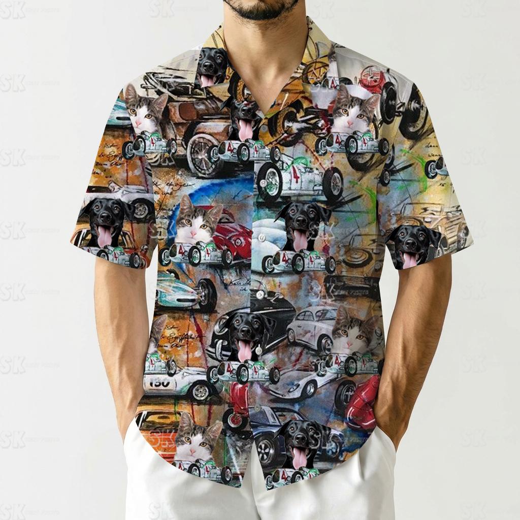 Hawaiian shirt car design showing classic automobiles with cats and dogs placed around vehicles