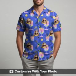 Man in purple Hawaiian shirt with face in sunglasses and tropical cocktail pattern