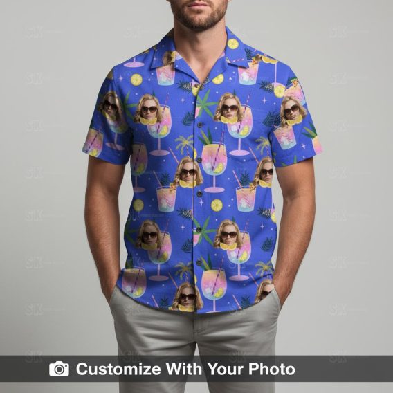 Man in purple Hawaiian shirt with face in sunglasses and tropical cocktail pattern