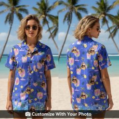 Woman in vibrant purple Hawaiian shirt with sunglasses face and tropical cocktails
