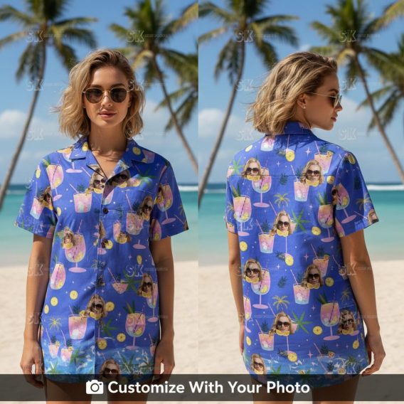 Woman in vibrant purple Hawaiian shirt with sunglasses face and tropical cocktails