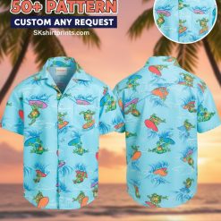 Male model wearing red Hawaiian shirt with honu turtle print in beach lifestyle setting