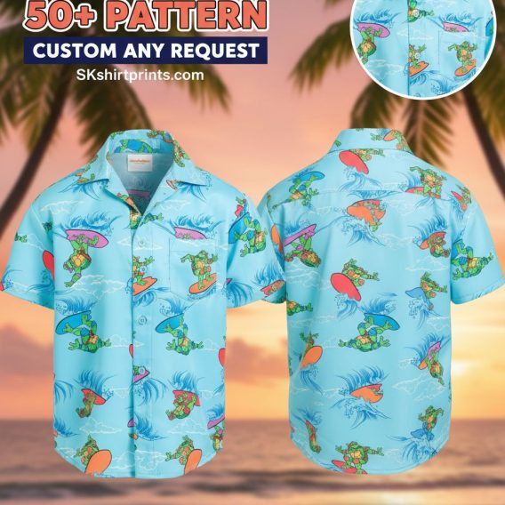 Male model wearing red Hawaiian shirt with honu turtle print in beach lifestyle setting