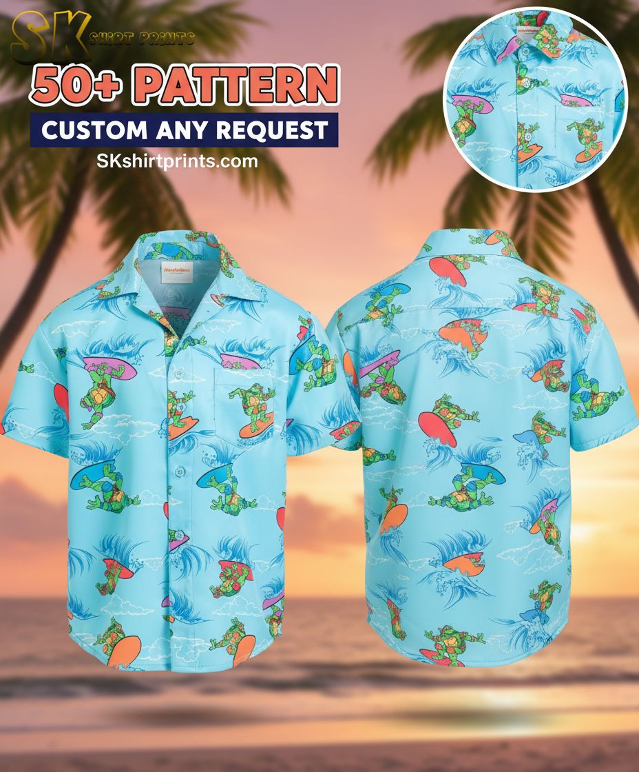 Male model wearing red Hawaiian shirt with honu turtle print in beach lifestyle setting