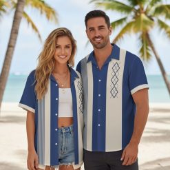 Male model in vintage-style tiki pattern Hawaiian shirt featuring bowling pin and ball motifs