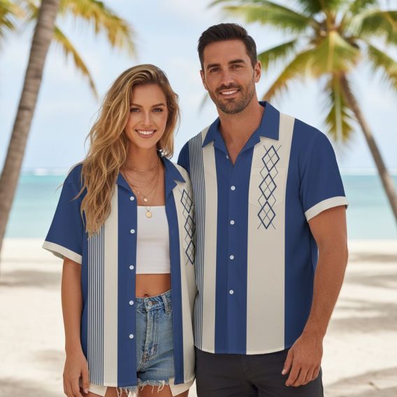 Male model in vintage-style tiki pattern Hawaiian shirt featuring bowling pin and ball motifs