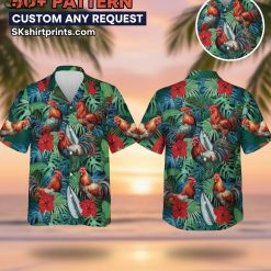 Man wearing rooster pattern Aloha shirt styled as Top Gun Halloween costume in lifestyle setting