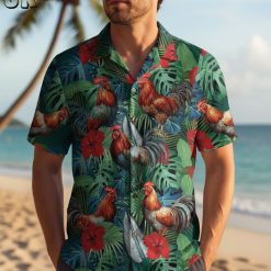 Multiple rooster themed Aloha shirt designs displayed side by side showing full collection variety
