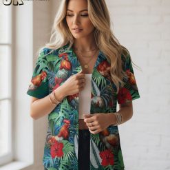 Size chart and fabric specifications infographic showing rooster Aloha shirt measurements and material details