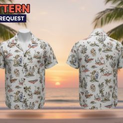 Male model wearing tropical floral Hawaiian shirt in bar setting inspired by Rooster Top Gun character