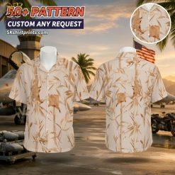 Male model wearing tropical floral Hawaiian shirt in casual bar setting, Top Gun Rooster style