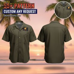 Male model wearing rooster top gun outfit Hawaiian shirt in casual lifestyle setting