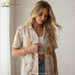 Product specifications infographic showing size chart, fabric details, and feature callouts for Hawaiian shirt