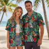 Person wearing rooster print Aloha shirt in relaxed casual pose matching Top Gun bar outfit aesthetic