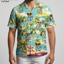 Man posing in bright rubber duck Aloha shirt during outdoor summer lifestyle photo shoot
