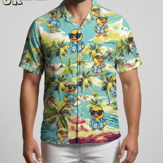 Man posing in bright rubber duck Aloha shirt during outdoor summer lifestyle photo shoot