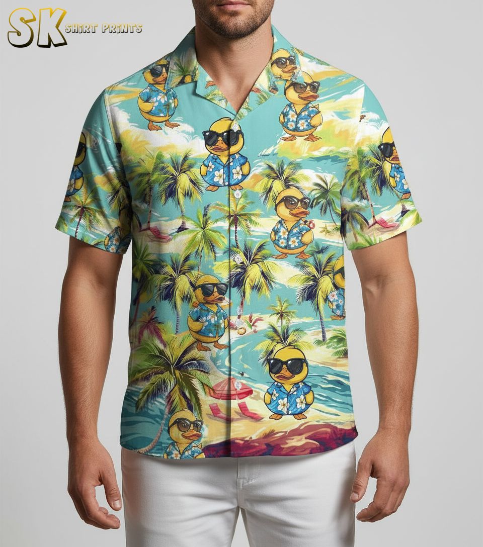 Man posing in bright rubber duck Aloha shirt during outdoor summer lifestyle photo shoot