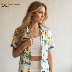 Rubber duck Hawaiian shirt size chart and specifications showing measurements and fit guide