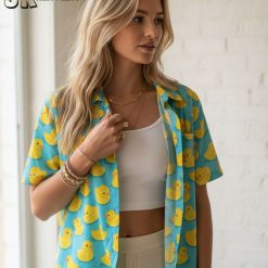 Size chart and specifications for rubber duck Hawaiian shirt showing measurements and fit guide