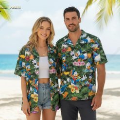 Rubber duck Hawaiian shirt featuring colorful duck designs with tropical leaves and flowers