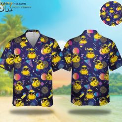 Rubber duck Hawaiian shirt featuring yellow ducks wearing sunglasses on dark background with colorful geometric shapes