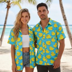 Yellow rubber duck Hawaiian shirt with retro design and summer beach theme
